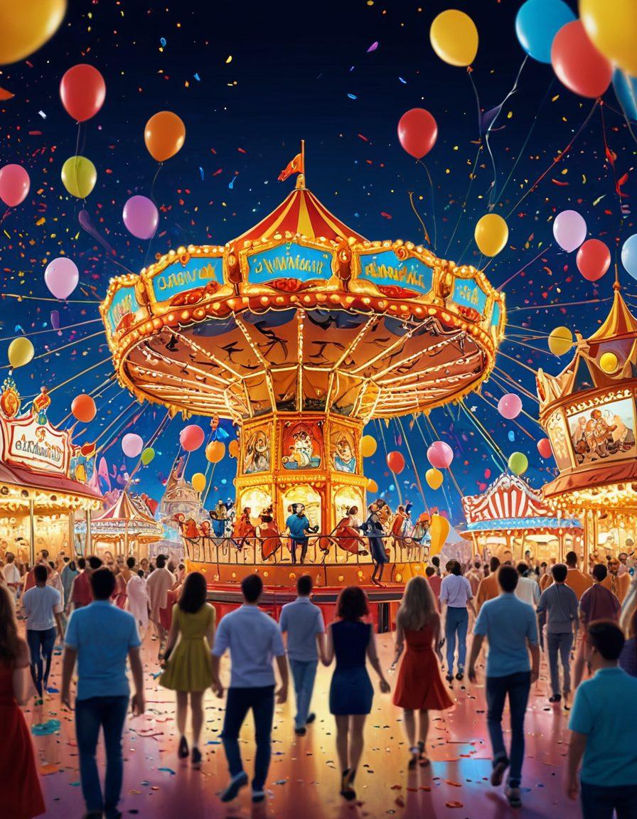 A colorful, whimsical illustration of a whimsical carnival scene filled with playful characters, laughter, and light-hearted entertainment, with a large screen showcasing funny, playful Bokep video thumbnails in a lighthearted context. Include vibrant balloons and confetti to symbolize joy and fun. Capture the essence of laughter and adult amusement in an engaging way. cartoon style. vivid colors. playful atmosphere.