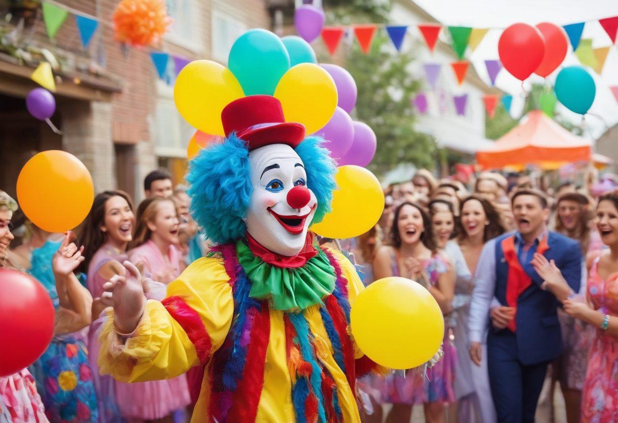 A whimsical scene depicting a diverse group of adults enjoying a playful outdoor gathering filled with laughter, vibrant party decorations, and humorous props like oversized glasses and feather boas. Include elements of surprise like a playful mascot or a juggling clown, evoking joy and amusement. Bright colors and a lively atmosphere should dominate the composition, heightening the sense of fun. super-realistic. vibrant colors. playful style.