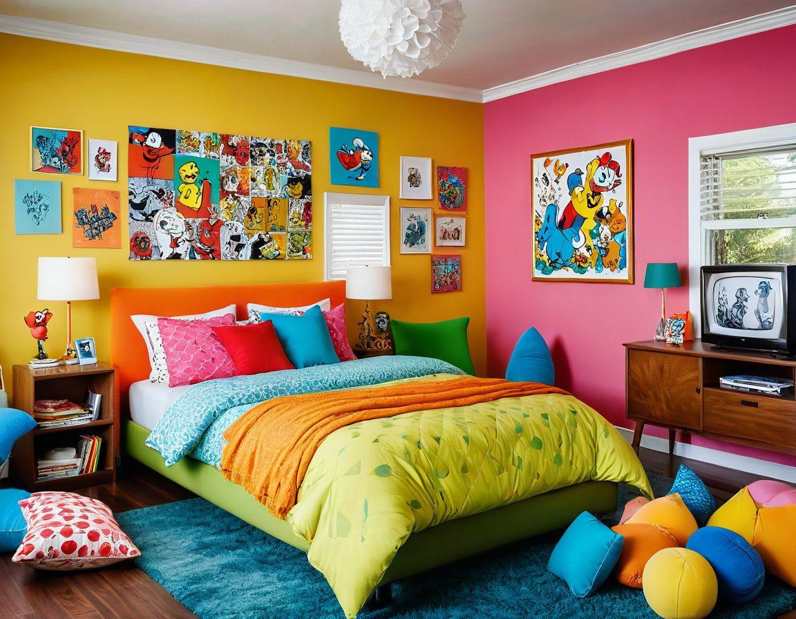 A playful and cheeky scene featuring a whimsical cartoon-style bedroom, adorned with bright, colorful pillows and playful adult toys. In the background, a vintage television screen shows a grainy, humorous scene from a classic naughty video. Incorporate elements of laughter and joy, such as whimsical cartoon characters giggling and enjoying the moment. The overall tone should be light-hearted and fun, evoking a sense of discovery and enjoyment. cartoon art. vibrant colors. comic style.